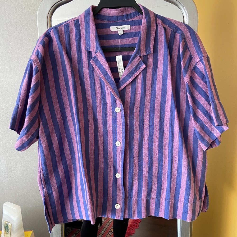 Madewell, 100% LINEN BUTTON-UP CAMP SHIRT IN STRIPE, S: Medium, Purple